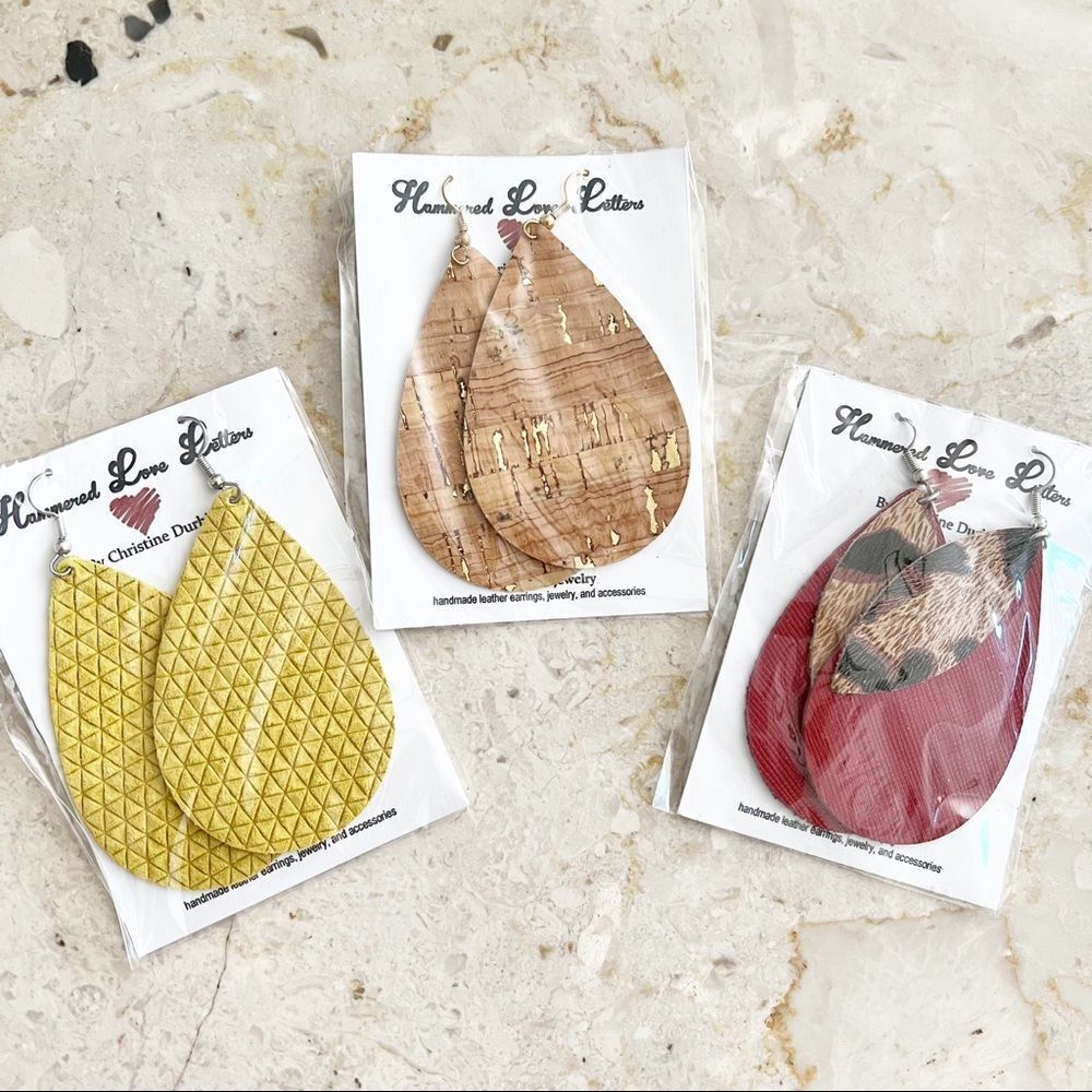 Genuine Leather Lightweight Teardrop French Wire Earrings - Three Pairs